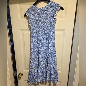 Nordstrom Lost + Wander Pick Me Blue White Floral Tiered Smocked Midi Dress M